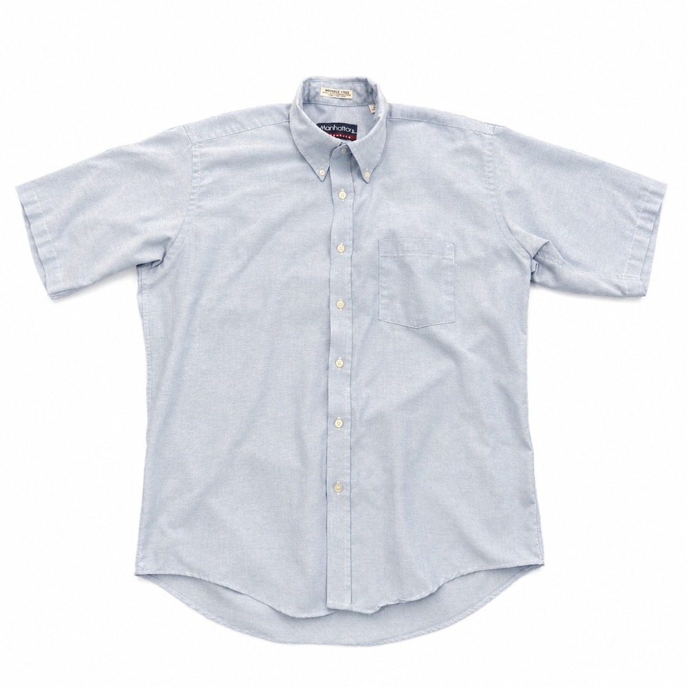 Manhattan Shirtmakers Mens 16 L Light Blue Oxford Button Down Shirt Short Sleeve